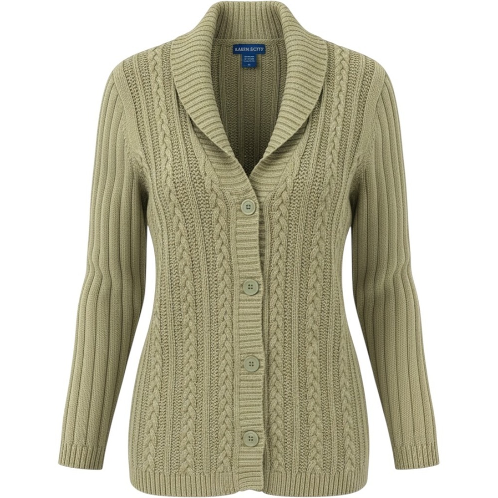 Karen Scott Womens Sage Green Cable Knit Shawl Collar Button Cardigan Sweater L